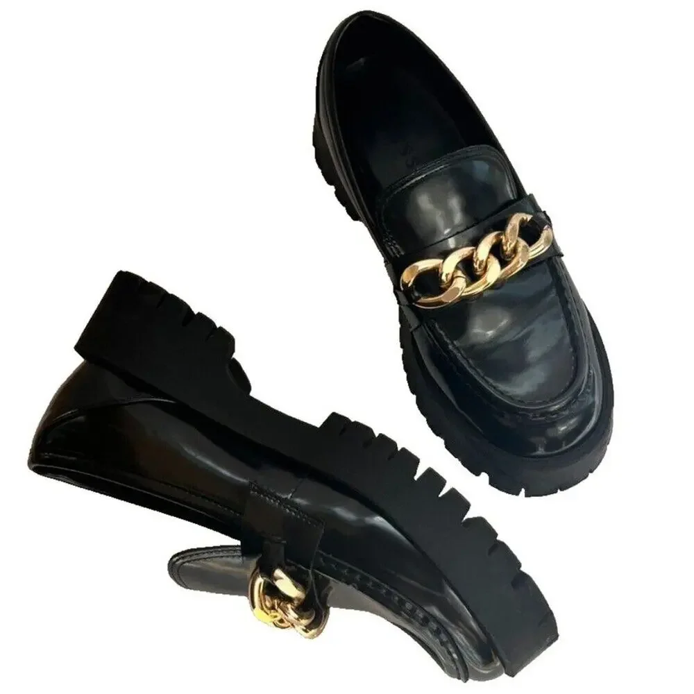 Guess Shoes Loafers Womens 8M Black Gold Tone Chain Lug Sole Chunky Platform